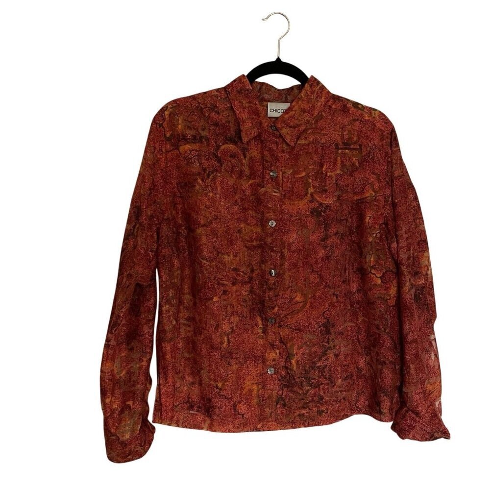 Chicos Women 1/Med Orange Burnout Long Sleeve Button Up Linen Blend Shacket Top